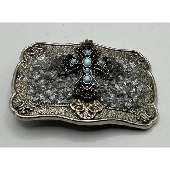 Vintage P. Kellogg Signed Western Belt Buckle Cross Ornate Crushed Silver 3.75\